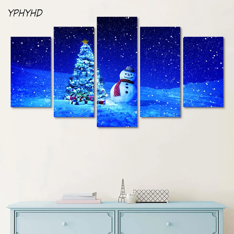 YPHYHD Modern Frame Modular Wall Paintings 5 Panel Christmas Tree Landscape HD Poster Decoration Print on Canvas Home | Дом и сад