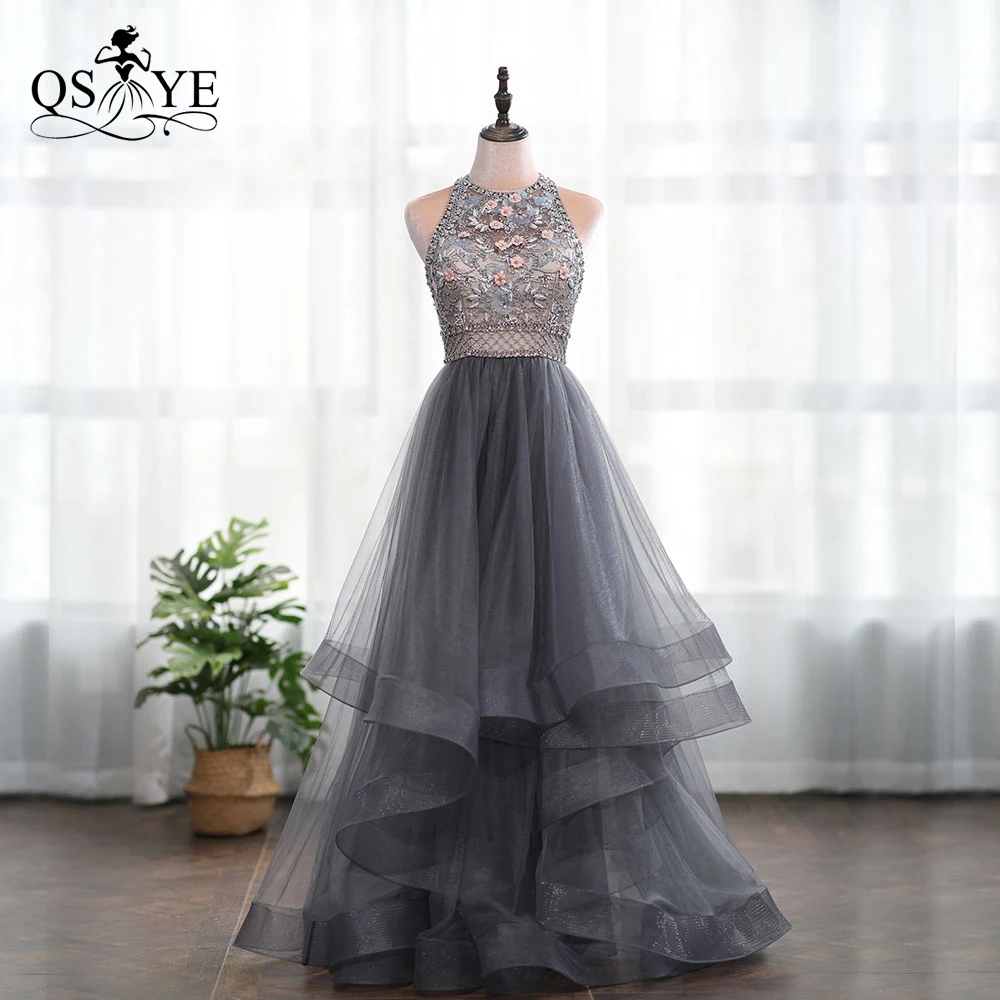 

QSYYE 2019 Cheap Evening Prom Dress Grey 3D Flowers Backless Heavy Beading High Neck Zipper Back Low Price Party Gown