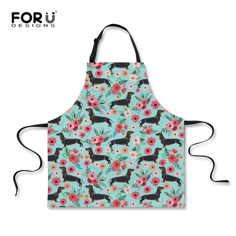 FORUDESIGNS Flowers Dachshund Print Couple Cooking Apron Baking Cooking Restaurant Accessories Custom Women Kictchen Apron