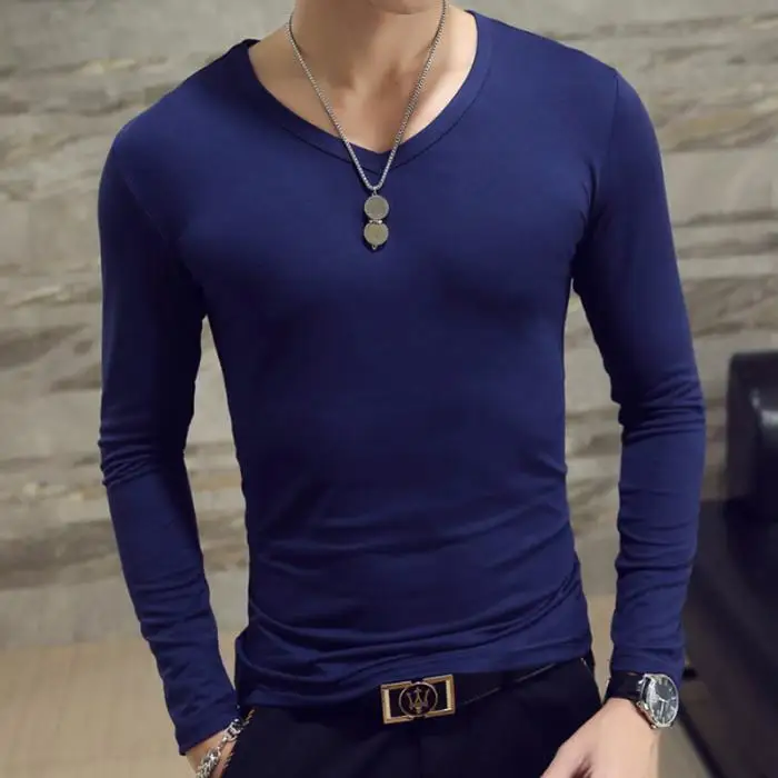 Мужские осенние Футболки с длинным рукавом с v-образным вырезом пуловер Slim Fit повседневные минималистичные мужские топы PO66