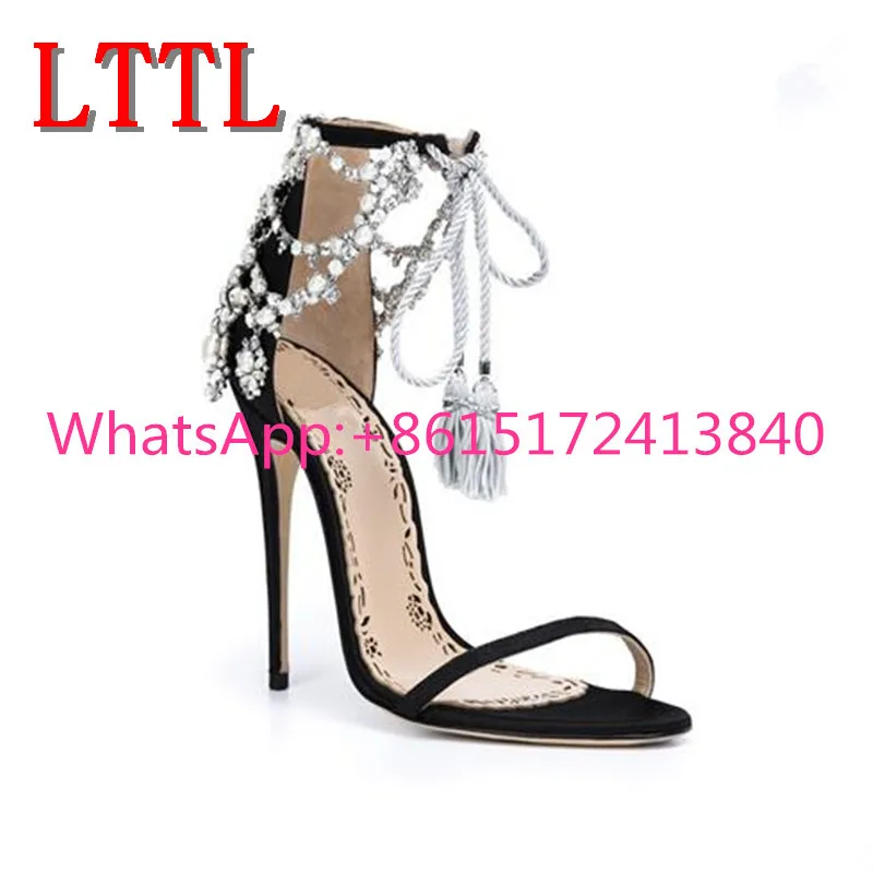 LTTL Designer Lace-Up Crystal Solid Super High Heel Sandals Tassel Narrow Band Thin Heels Sexy New Fashion Gladiator Shoes Woman