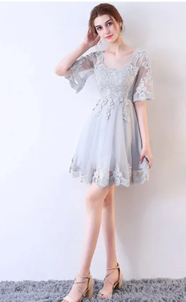 Robe De Soriee новые черные коктейльные платья длиной выше колена с кружевными бабочками и рукавом до локтя Элегантное коктейльное платье для вечеринки Vestidos De Novia - Цвет: grey short