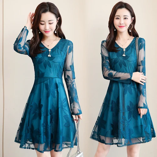 

2019 spring autumn dress women sexy V-neck long-sleeved mesh lace dress elegant office ladies slim party dress plus size M-5XL