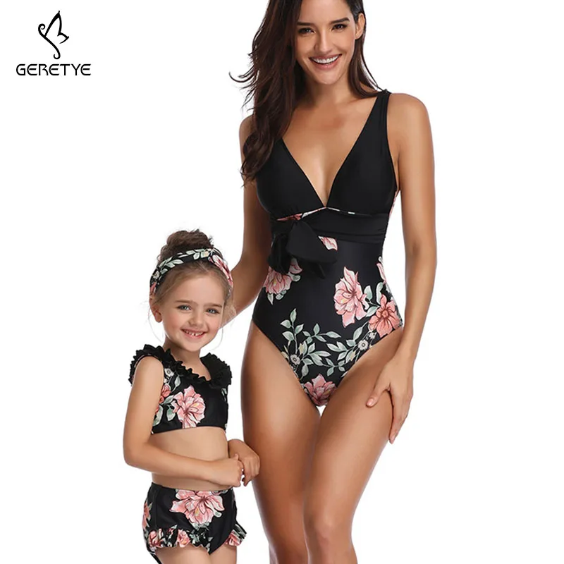 2019 Backless Parent-child Swimwear New One Pieces Women Child Suit Floral Print Tops Female Kid Suit Sexy Fashion Swimsuit