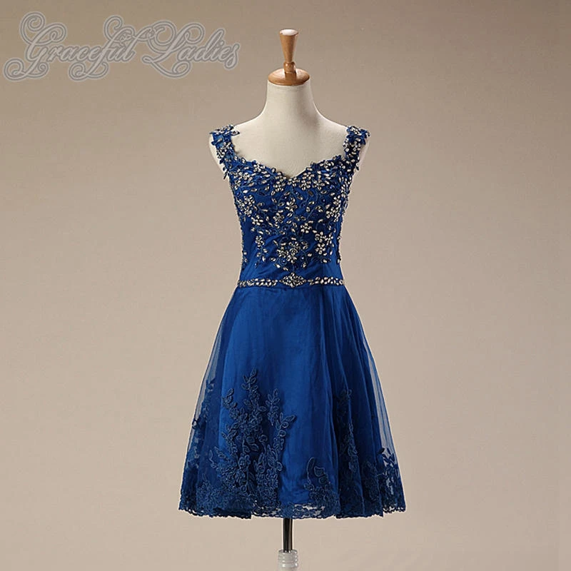 Navy Blue Appliques Tulle Cocktail Dresses Knee High Dresses For