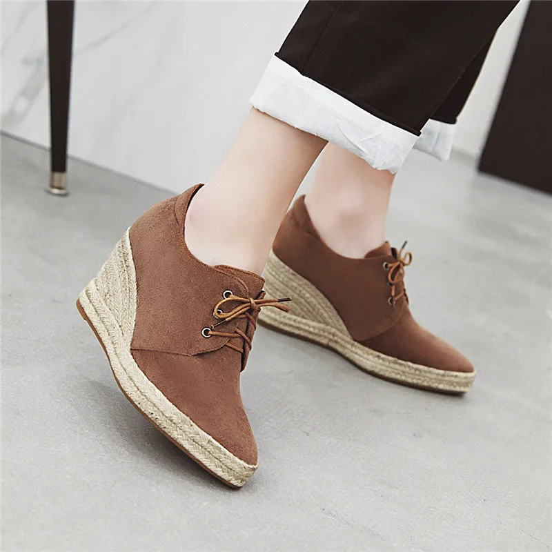 

YMECHIC Ladies Weaving Wedge Design Cross Tie Lace Up Casual Wedges Shoes for Women Spring Brown Suede Retro High Heels Pumps