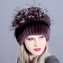 Русская зимняя женская шапка, меховая шапка с вязаным помпоном из меха кролика Рекс, женская модная шерстяная вязаная шапка, теплый хлопковый головной убор