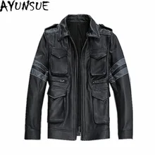 AYUNSUE Куртки из натуральной кожи, Мужская косая мотоциклетная куртка, Мужская черная кожаная куртка пилота, Jaquetas De Couro Masculino WXF023