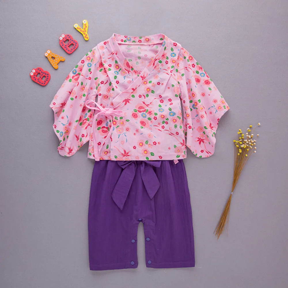 

MUQGEW Newborn clothes Baby Girls Flower Kimono Tops+Bow Overalls Outfits Set Japanese clothes baby girl summer clothes