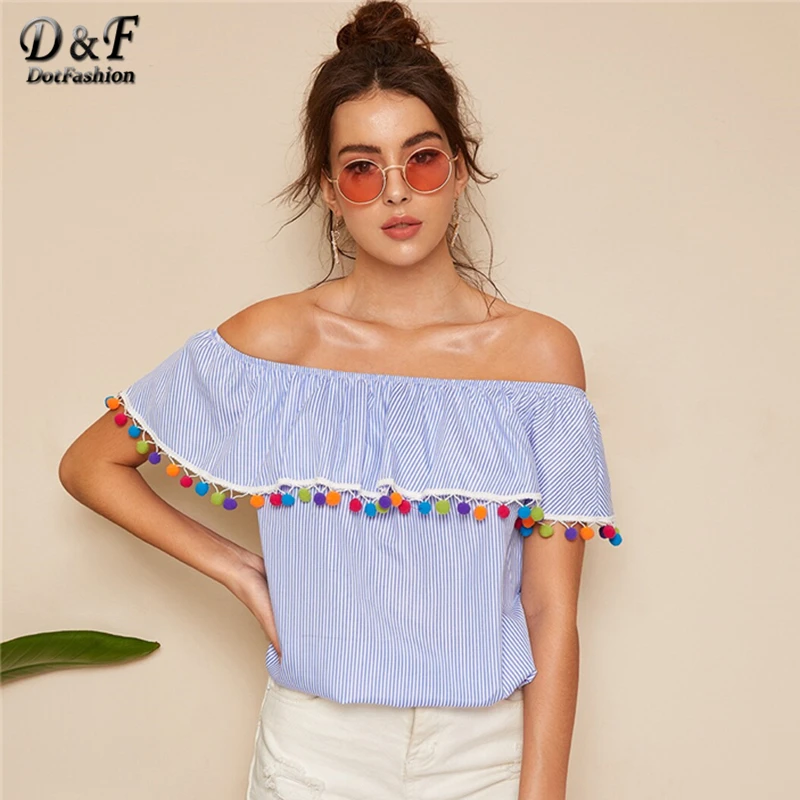 

Dotfashion Blue Striped Pom Pom Detail Off The Shoulder Blouse Women 2019 Summer Boho Short Sleeve Clothes Spring Ladies Tops