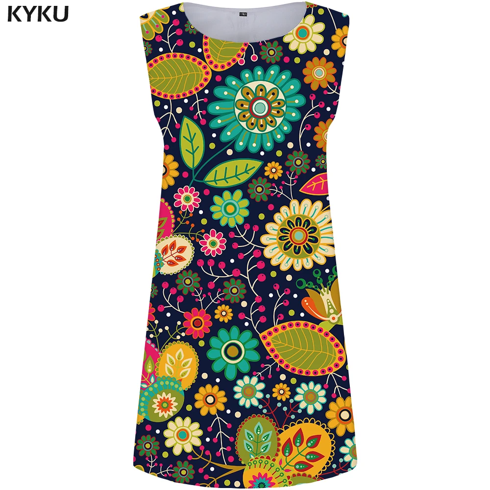 

KYKU Flower Dress Women Leaf Office Ladies Dresses Colorful Retro 3d Print Dress Tank Sundress Casual Womens Clothing Summer New