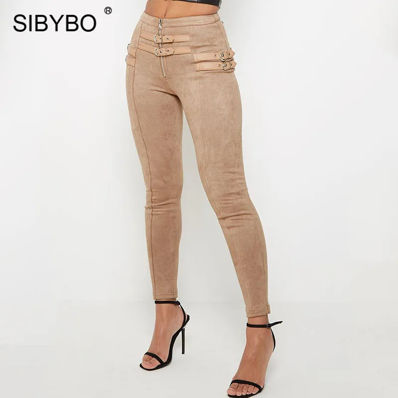 Online SIBYBO Suede Skinny alta cintura Casual Mujer Pantalones moda cinturón hebilla lápiz Pantalones mujer Otoño Invierno Sexy Pantalones mujer 2019