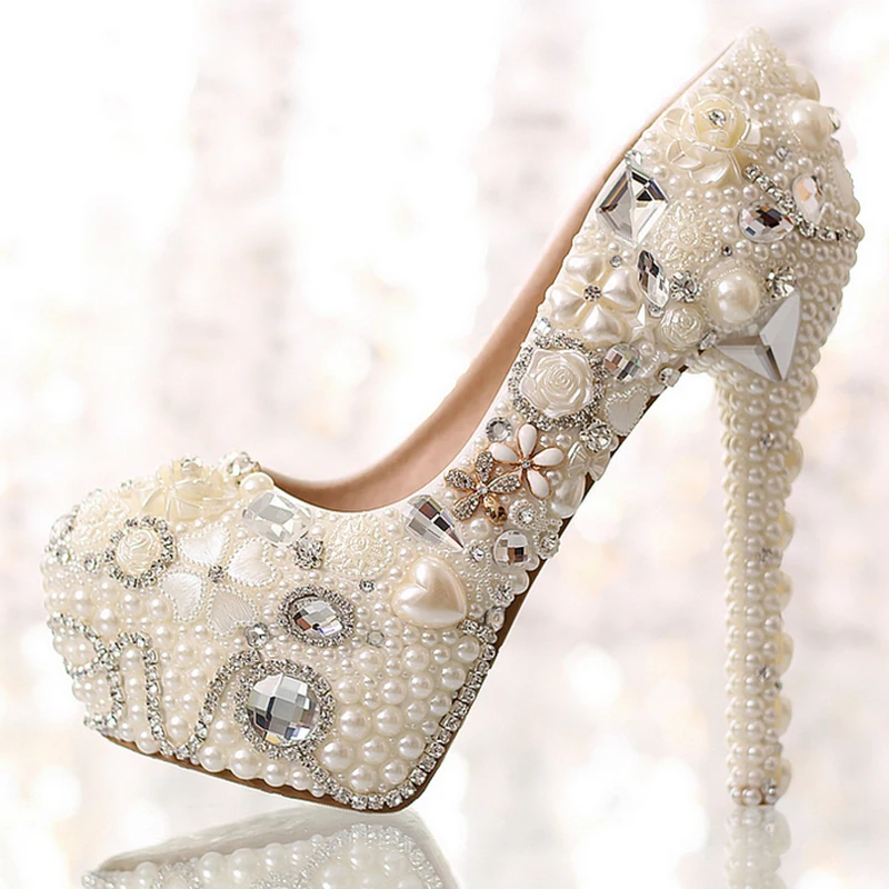 

Women's 14 cm heel luxury beige ivory pearls rhinestone pumps bridal high heels platform wedding shoes