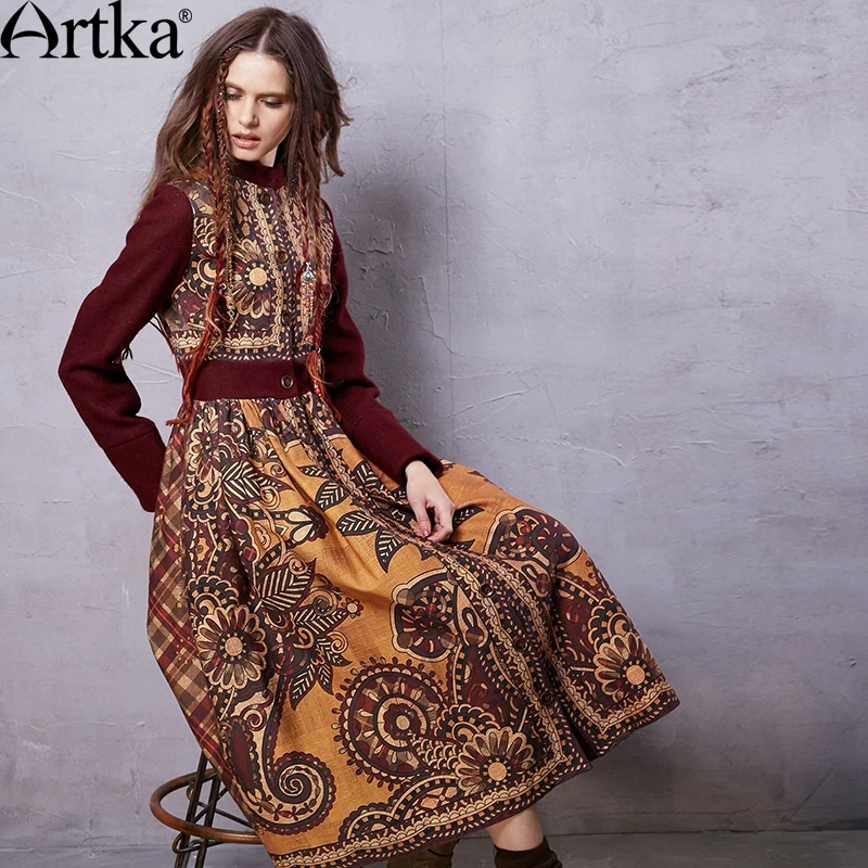 Artka Women's Winter New Ethnic Printed Woolen Coat