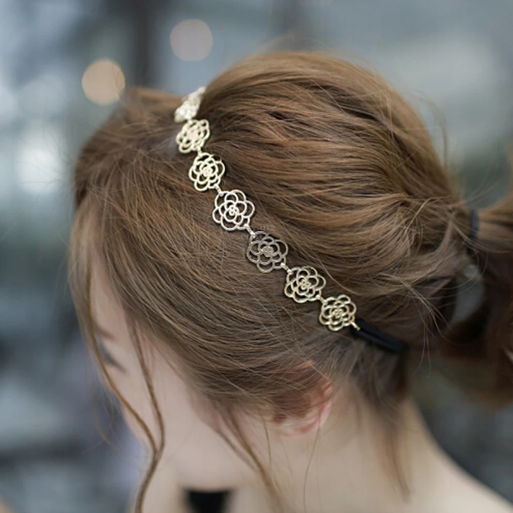 3 colors Fashion New Womens Metallic Hollow Rose Flower Elastic Hair