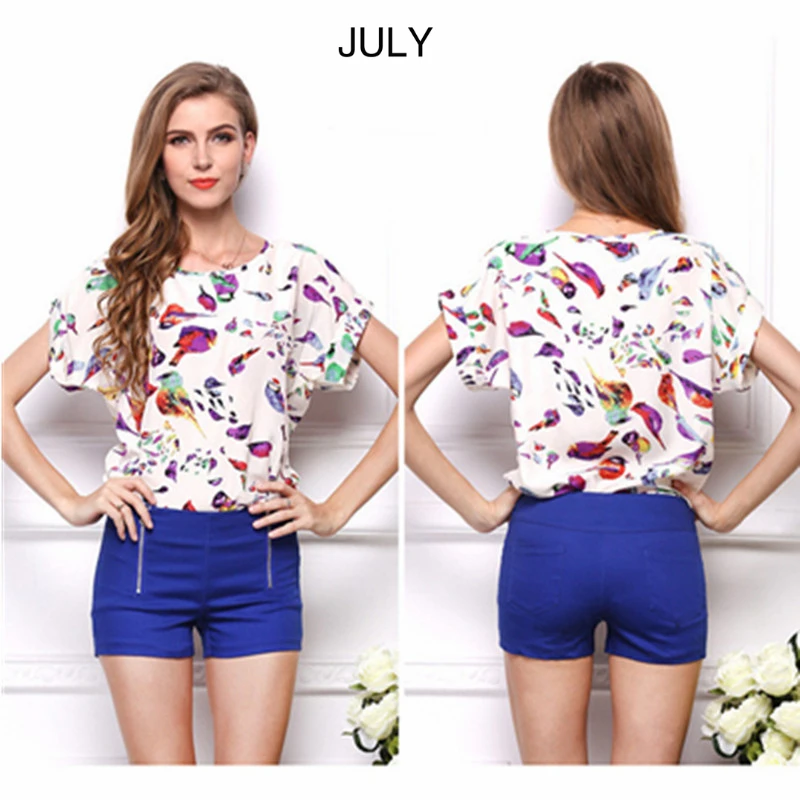 

JULY Summer Women's Casual Blouse Shirt Chiffon Shirts O Neck Short Sleeve Lady's Top Loose Chiffon shirt
