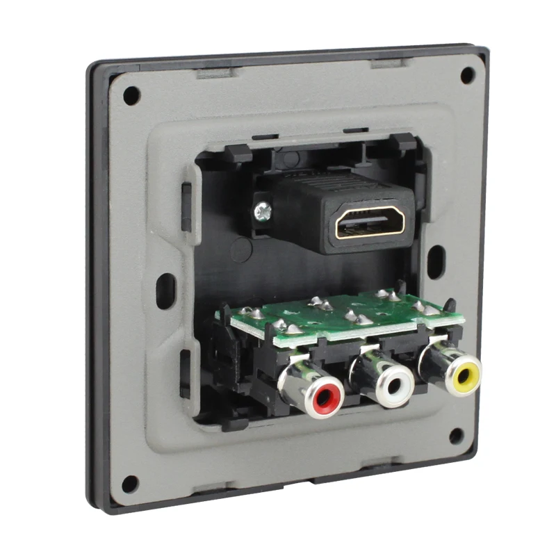 Black HDMI+RCA Wall Outlet Quality Audio Video AV Faceplate Panel 86x86mm For HDTV DVD Projector