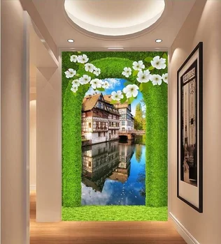 

Custom photo 3d wallpaper Non-woven mural picture wall sticker 3 d porch green arch European town scenery 3 d mural wallpaper
