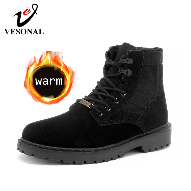 

VESONAL Autumn Winter Suede Leather Ankle Boots Men Shoes fur plush warm Vintage Classic Male Casual Suede Boot Footwear