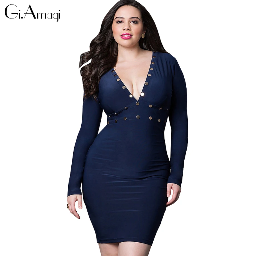 Plus Size Women's Dresses New Summer Long sleeved Deep V neck Slim ...
