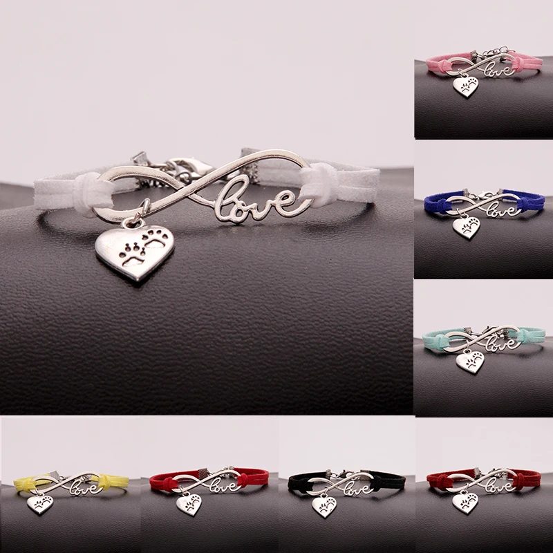 

(12pcs/lot) Infinity Love Animal Bracelet Heart Carved Dog Paw Pendant Handmade Bracelets & Bangles Women Men Jewelry 15 Colors