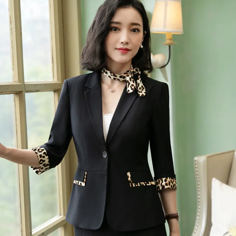 Модный Леопардовый лоскутный блейзер для женщин, лето, официальный пиджак с рукавом до локтя, офисный женский пиджак размера плюс, повседневное пальто - Цвет: Black blazer