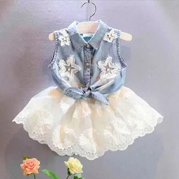 

DFXD Baby Girls Summer Clothing Sets 2018 Fashion Sleeveless Jeans Single-breasted Five Star Shirt+White Lace Tutu Skirt Set