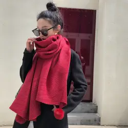 2018 хиджаб новых осенью и зимой Пресс морщин Для женщин Хан версия Однотонная одежда имитация ручного hung мяч покрытия теплый шаль