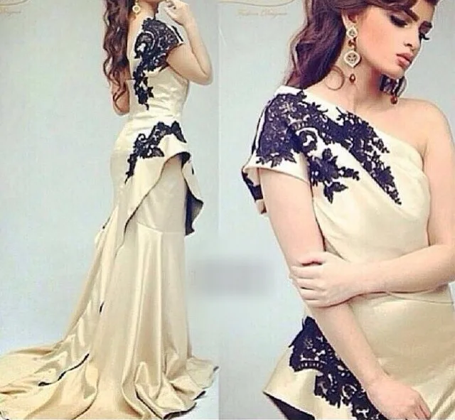 

One shoulder Mermaid Prom Dresses Appliques Short Sleeve Women Gowns vestido de festa