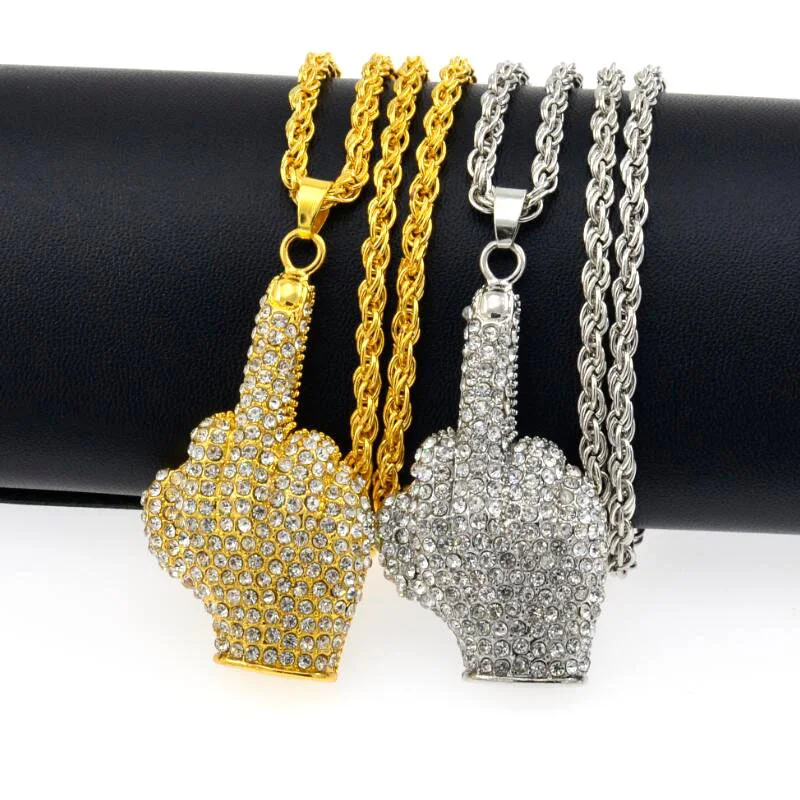 

Punk Style Personalized Gesture Hand Pendant Necklaces Women Men Hip Hop Jewelry Fashion Bling Rhinestone Gold Silver Necklace