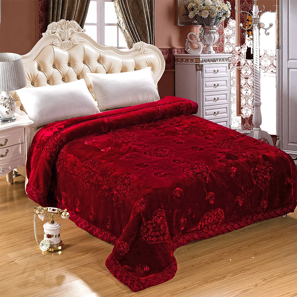 

Soft Raschel Bedding Blanket Embroidered Wedding Home Textile Mink Blanket Winter Thick Warm Fluffy Fat Quilt Blanket On The Bed