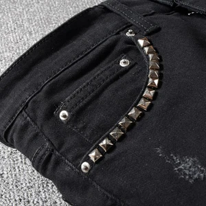 Image 4 - Sokotoo männer nieten sterne gedruckt patchwork schwarz jeans Trendy streetwear slim fit stretch denim bleistift hosen Zerrissene hosen