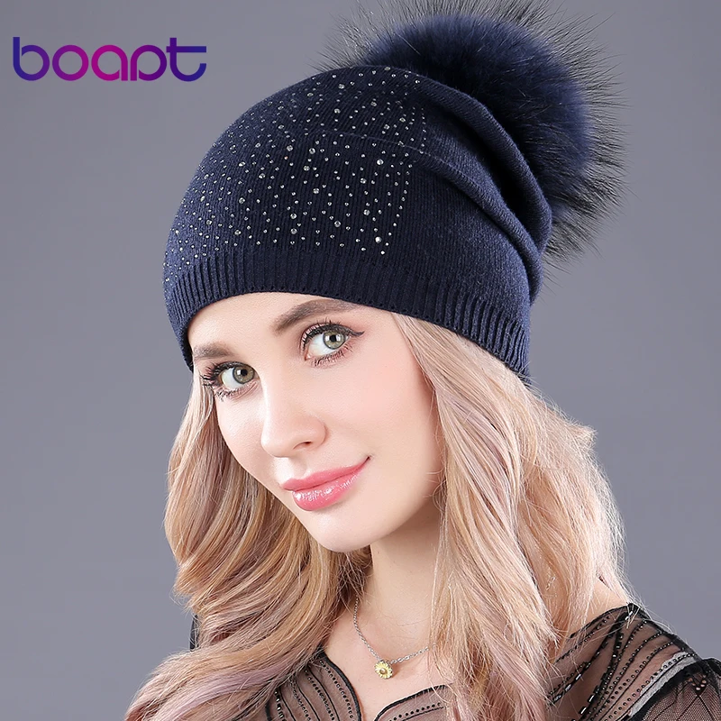 

[boapt] folds cashmere knitted thick warm hats for women winter raccoon fur hat casual fluffy pompon female cap skullies beanies