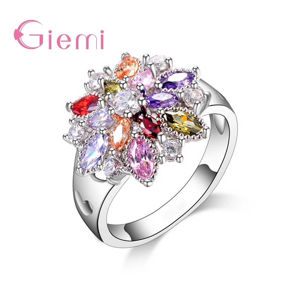 Sparkling 100% Solid 925 Sterling Silver Band Rings Colorful Flower AAA Cubic Zircon Stone Jewelry for Women Wedding Engagement