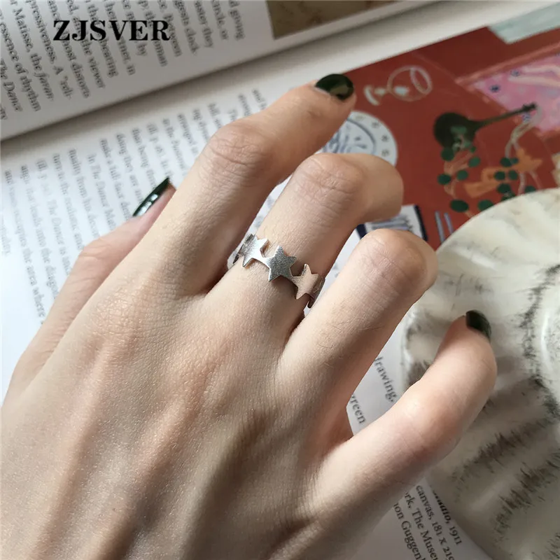 

ZJSVER Korean Jewelry 925 Sterling Silver Rings Hiphop Bohemia Style Connection Star Shape Adjustable Women Ring For Present