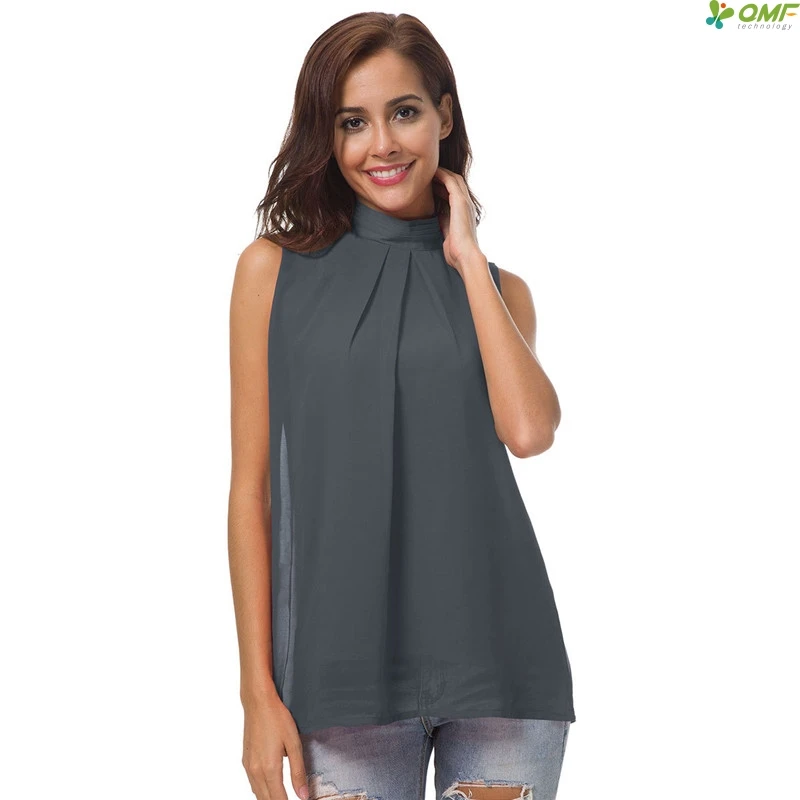 Women Sleeveless Chiffon Shirts High Neck Casual Top And Thin Light Chiffon Shirt Sweet Solid