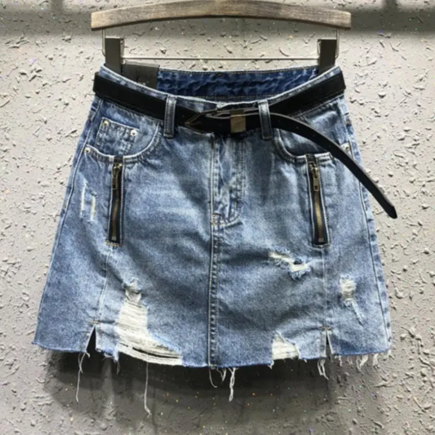 2019 весна лето новый женская джинсовая юбка рваные с высокой талией анти-легкий пакет бедра мини джинсовая юбка А-силуэта
