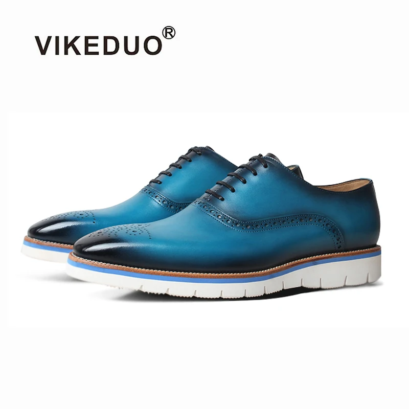 

VIKEDUO Blue Brogue Sneakers For Men Summer New Leather Shoes Men Patina Casual Mans Footwear Wedding Driving Shoes Designer