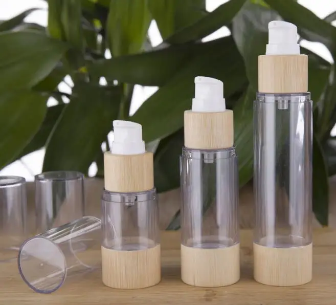 

10pcs/lot 20/30/50/80/100ml Bamboo Empty Plastic Cosmetic Sample Containers Emulsion Lotion Bamboo Vacuum Airless Pump Bottles