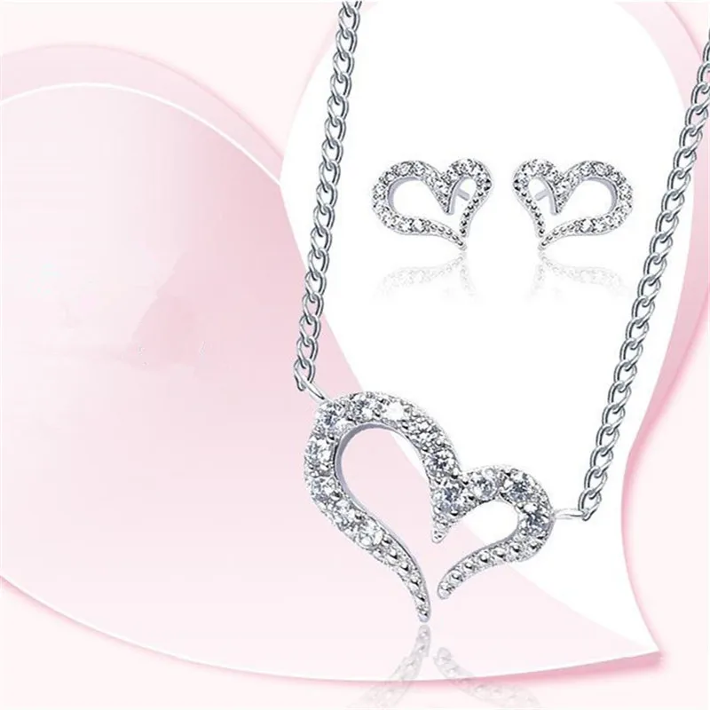 

92.5 silver heart shape prong setting CZ stone jewelry set, necklacwe and stud earrings for women silver 925 big