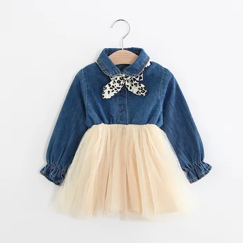

Spring Baby Girls Dress Baby Denim+mesh Splice Leopard Bow Dress for Bebe Girls Toddler Party Dress Clothing 2019 Ball Gown