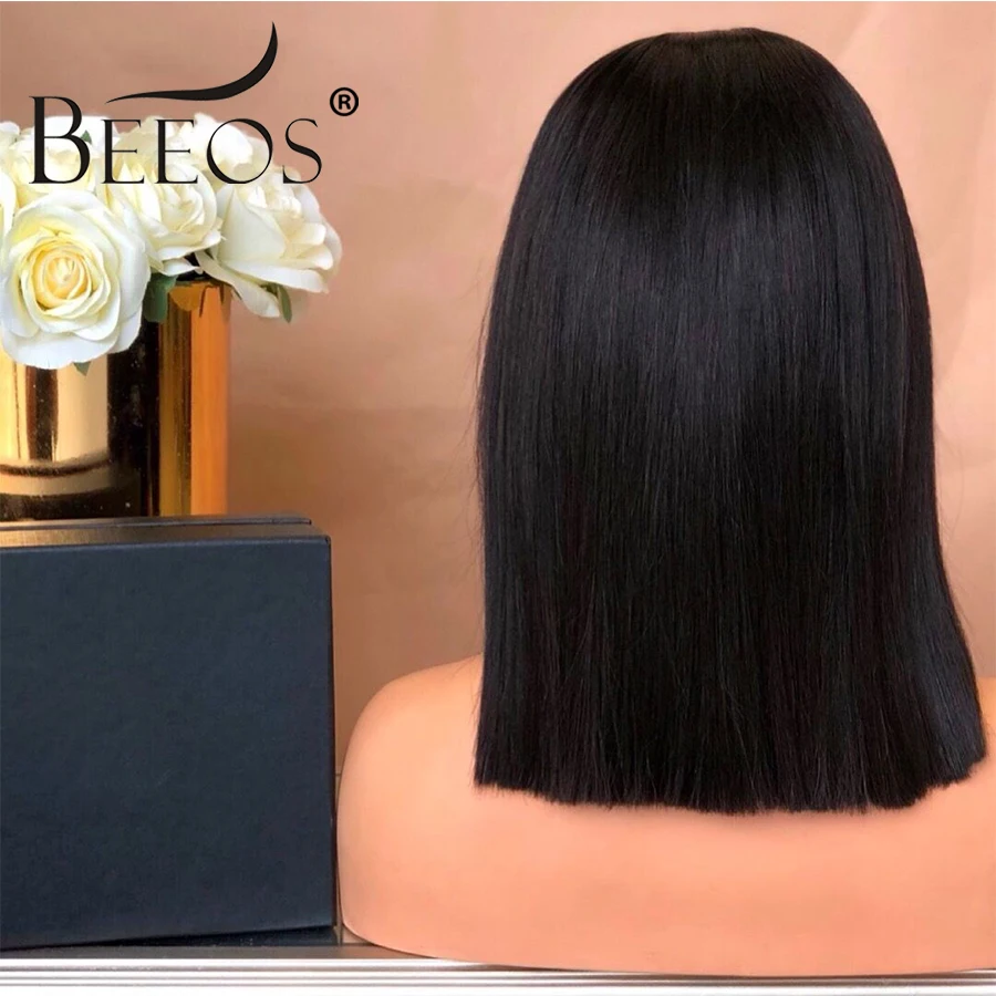 Beeos Волосы Бразильские Remy 13*6 прямые человеческие волосы боб короткие парики из человеческих волос 180% Плотность Детские волосы кружевные передние парики для женщин