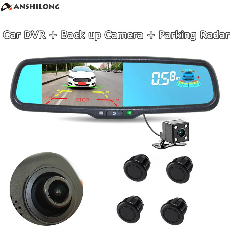 ANSHILONG 3 in 1 5\ HD Car Interior Replacement Rear View Mirror Monitor DVR 1080P + Back up Camera + Parking Radar Sensors