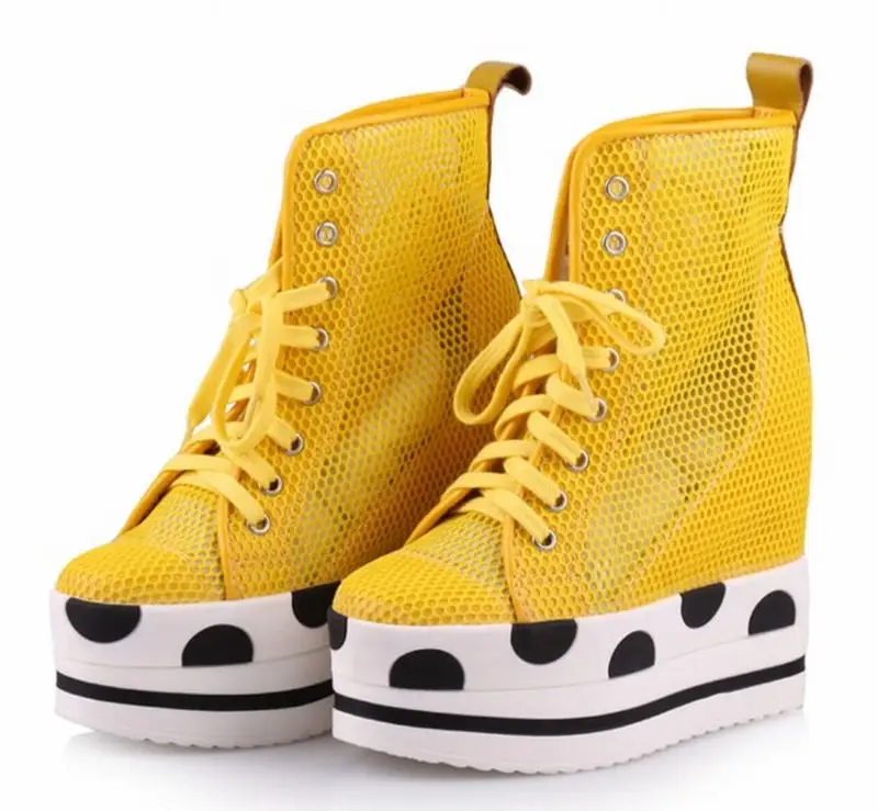Летняя женская обувь; Повседневная дышащая сетчатая обувь на танкетке со шнуровкой, увеличивающая рост; Модные ботильоны на очень высокой платформе - Цвет: yellow