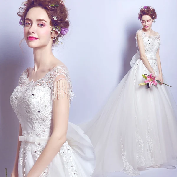 

2017 new stock plus size women pregnant bridal gown wedding dress ball gown long tail train white lace organza big bow 2559