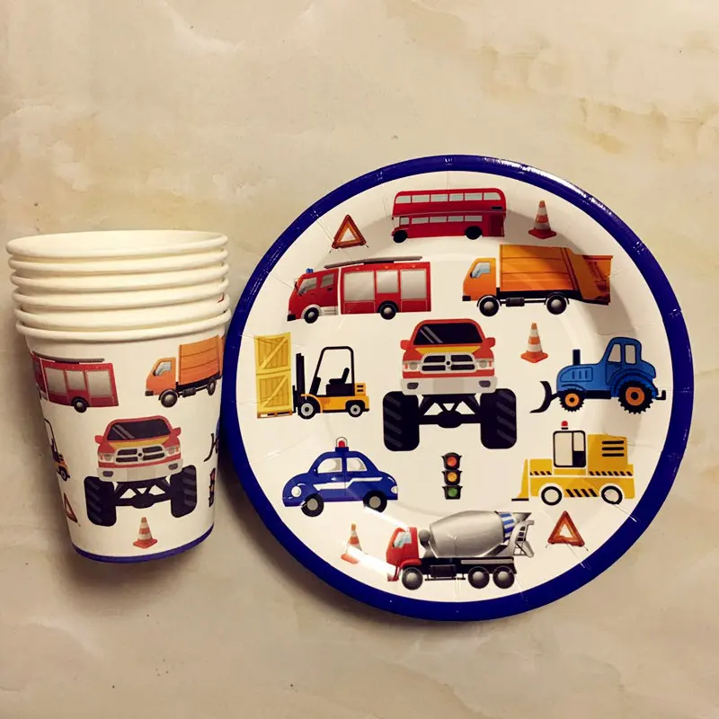 

12pcs/set Cartoon Cars Trucks Contruction Theme 6pcs 7inch Paper Plates+6pcs Cups Event Birthday Party Tableware Set Kids Favor