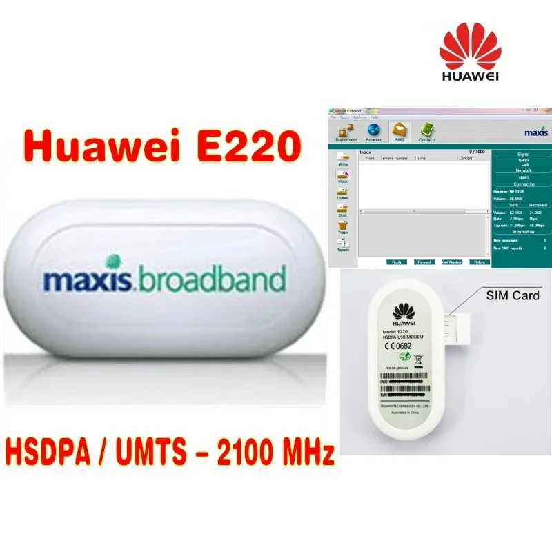 Оригинальный разблокированный модем HSDPA 7 2 Мбит/с HUAWEI E220 3G с логотипом Maxis 50 шт. |
