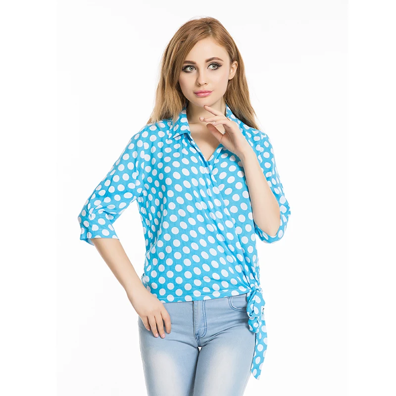 Summer Blue Polka Dot Blouse for Women Polyester Half