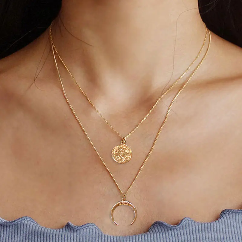 

Punk Alloy Round Portrait Coin Moon Pendant Necklace For Women Simple Female Multi-layer Clavicle Chain Necklace Bohemia Jewelry