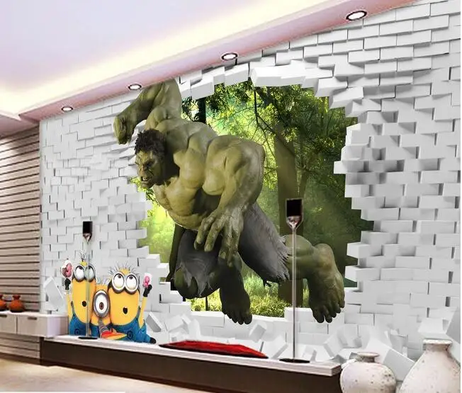 

3d wallpaper custom mural non-woven wall sticker The hulk to break the wall and into the TV setting wall 3d wall mural wallpaper